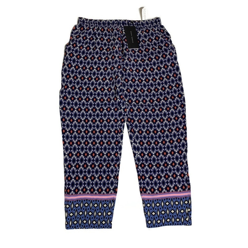 Zara Navy Blue Patterned Ankle Pants with Pink Accent